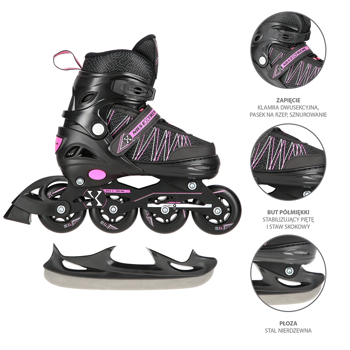 2in1 (rull)uisud NILS EXTREME NH11912A In-line Skates/Hockey Ice Skates, S (31-34), Black/Pink - Image 11
